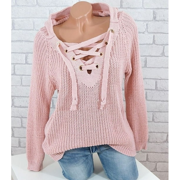Women Ladies Sweater,Stylish Hooded Long Sleeve Pullover Lace Up V-Neck Knitted Sweaters Tops 